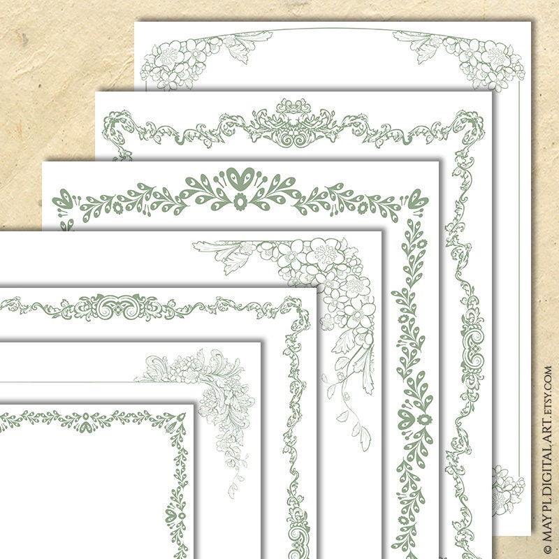 Traditional Page Border Designs, Sage Green Floral Ornate Frame Clipart - Victorian Certificate Award Vintage Wedding Invites 10955