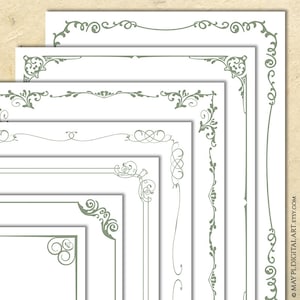 Zielone ozdobne obramowania stron szałwiowych - Vintage 8x11 cyfrowe ramki Curly Flourish Dyplom Certyfikat Nagroda Zestaw 7 Dekoracja dokumentów 10905