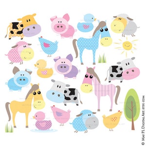Animal de granja Clipart Bebé Animales de granja Lindo pastel Caballo Cerdo Oveja Pollo Pato Vaca VECTOR Png Archivos Uso comercial Álbum de recortes digital 10496
