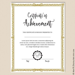 May include: A gold-framed certificate with the text "Certificate of Achievement" and the text "This certificate is proudly presented to" followed by a blank line. The text "Lorem ipsum dolor sit amet, consectetur adipiscing elit. Donec leo sem, convallis eu facilisis sit amet, condimentum in metus. Duis placerat feugiat erat, at mattis dolor elementum nec. Integer blandit eget nulla at tempor." is below the blank line. A black and white seal with the text "Willow Rain Apparel" and the initials "WR" is below the text. The text "Date" and "Director" are below the seal.
