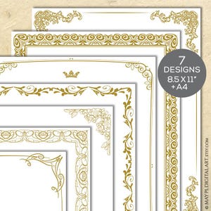 May include: Seven white paper designs with gold decorative borders. The designs include floral, scroll, and geometric patterns. The paper size is 8.5 x 11 inches, and A4 size.