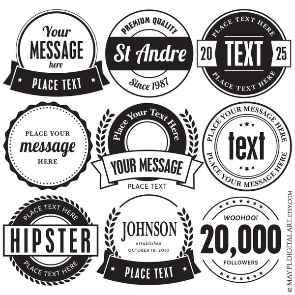 Emblem Black Vintage Badge Labels, Frames with Banner Clipart - Circular Retro Hipster Collection, Premium Quality, Instant Download 10965