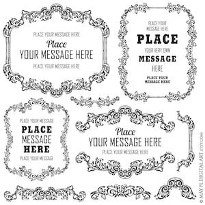 May include: A set of black and white ornate frames with a decorative flourish design. The frames are perfect for adding a touch of elegance to any project. The frames are customizable with text that says "Place your message here".