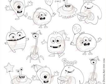 Little Monsters Clipart Digital Stamps - Cute Monsters great for making Coloring Pages, Birthday Invitations, Scrapbook, Crafts 10154