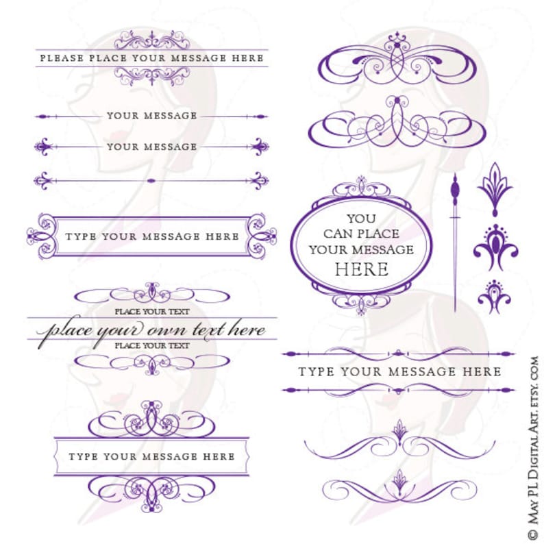 Purple Wedding Frame Logo Clipart Set Includes Text Dividers, Flourish