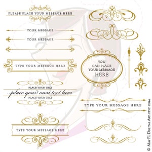 Diseñe tarjetas de presentación, logotipos o invitaciones de boda DIY con marcos digitales dorados antiguos y divisor de texto. Clipart vectorial. Uso comercial gratuito. 10689