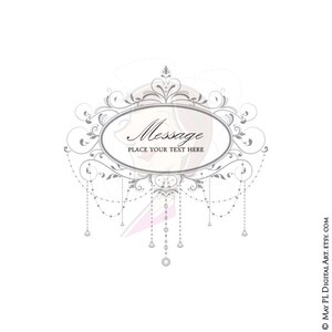 May include: A decorative, ornate, silver-colored frame with a message area that says "Message Place Your Text Here". The frame is adorned with dangling chains of pearls and diamonds.