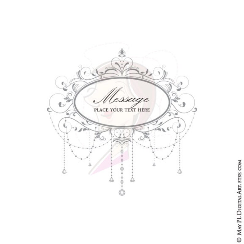 May include: A decorative, ornate, silver-colored frame with a message area that says "Message Place Your Text Here". The frame is adorned with dangling chains of pearls and diamonds.