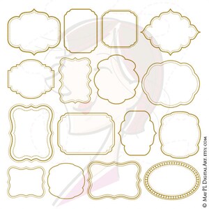May include: Set of 13 gold-colored frames with various shapes and sizes. The frames are outlined with a dotted pattern. The frames are isolated on a white background.