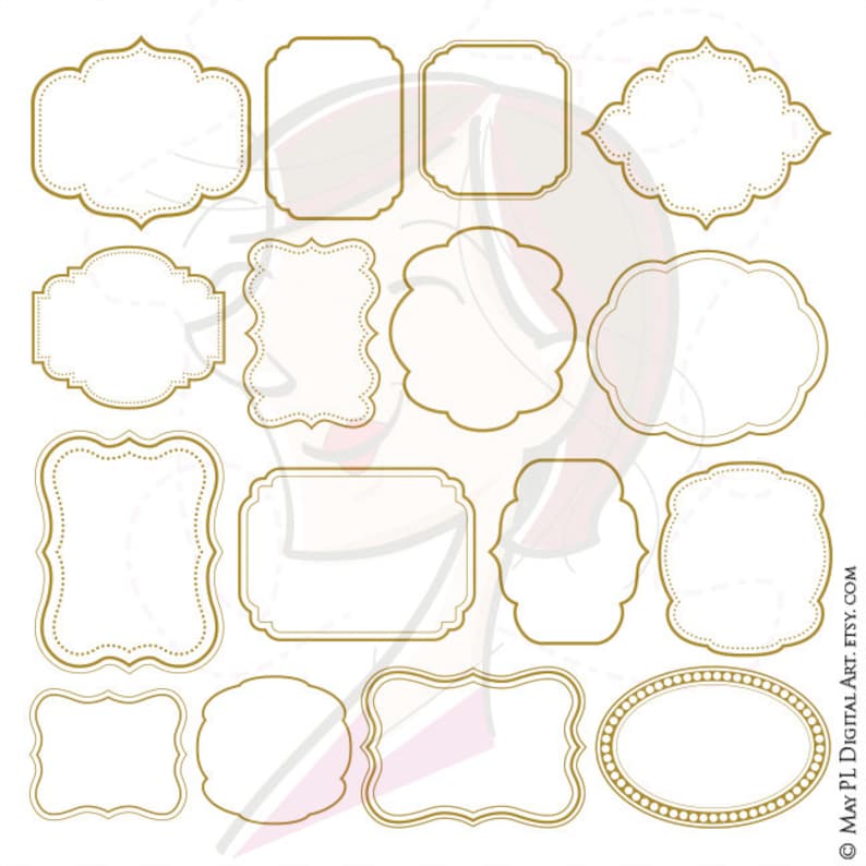 May include: Set of 13 gold-colored frames with various shapes and sizes. The frames are outlined with a dotted pattern. The frames are isolated on a white background.