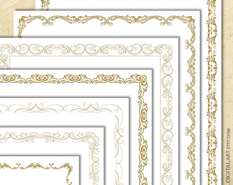 8x11 Gold Page Border Graphics Vintage Decorative Frames Clipart - Commercial Use Swirls Flourish Design DIY Certificate Award Diploma 10940