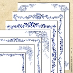 Bordures de page victoriennes cadres bleu fleuri clipart ornemental - certificats de récompense vintage, faire-part de mariage patrimoine 10946