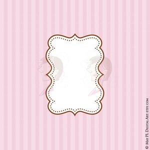 May include: A pink and white striped background with a brown decorative frame. The frame has a scalloped edge and a dotted pattern.