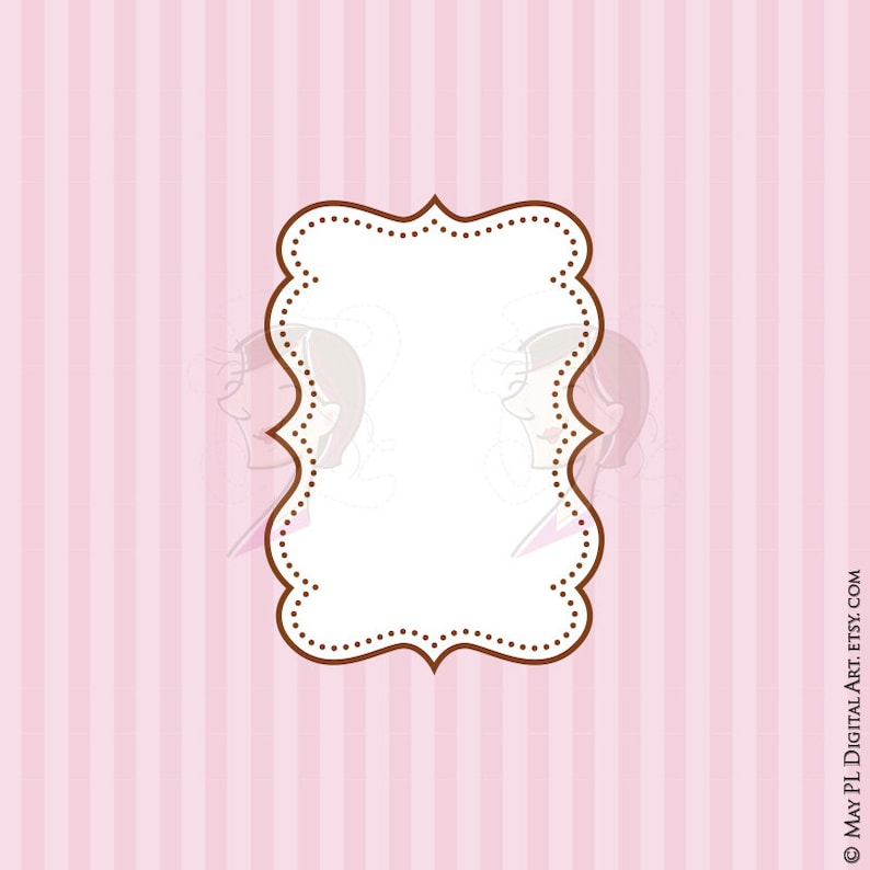 May include: A pink and white striped background with a brown decorative frame. The frame has a scalloped edge and a dotted pattern.