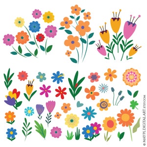 Fleurs dessinées à la main verdure Clip Art - Illustrations florales colorées printemps été Doodles Clipart Pack 10978