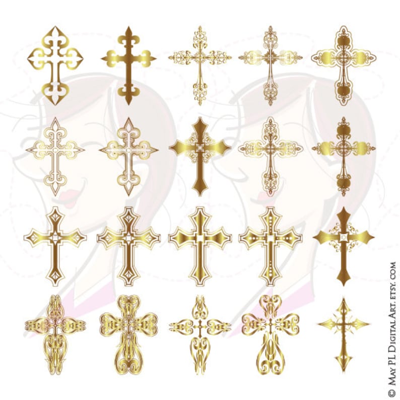 May include: Set of 20 gold cross clip art images. The crosses are in various styles and designs, all with intricate details.