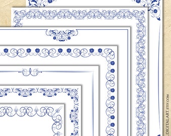 Decorative Borders Blue Foliage Floral Clipart - 8x11 Page Digital Frames Vintage Certificate Award Wedding Invitation Document Decor 10992