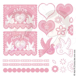 Papel Picado Wedding Banner Clip Art - caractéristiques Bannière rose imprimable avec des éléments de conception d’oiseau, de fleur et de cœur 10231