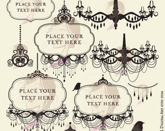 Lámpara de araña Clipart Marcos digitales ornamentados USO COMERCIAL DIY Logotipo de negocios Diseño retro Clip Art Elegante boda Descarga instantánea 10565