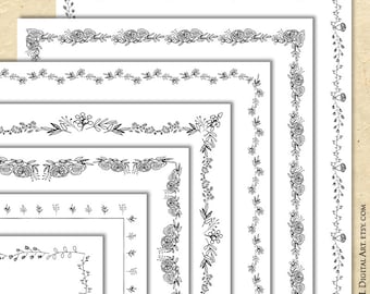 May include: Five black and white floral border designs. Each border is a different size and features a different floral pattern.