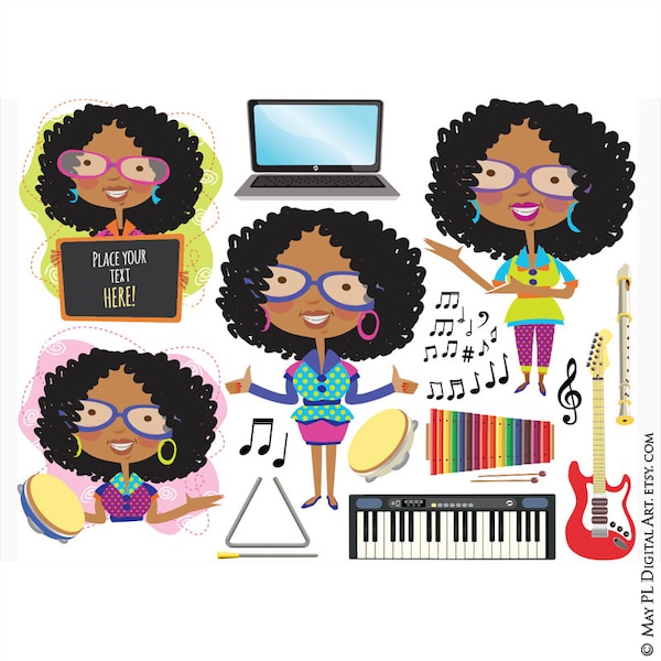 Music Teacher Classroom Clip Art African American Black Teacher Back To School Graphics Musical Instruments Clipart COMMERCIAL USE 10782