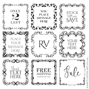 Etiquetas e tags vitorianas Molduras digitais, bordas quadradas pretas Clipart - Vintage Ornamentado Flourish Leaf Designs 11011