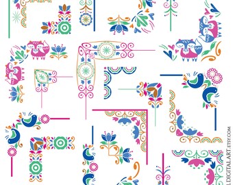 Corners Scandinavian Folk Borders, Design Elements Clip Art - Decorative Patterned Fox, Birds, Florals Digital Frames, Commercial Use 10924