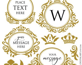 Gold Vintage Flourish Leaf Oval Round Digital Frames Clip Art -DIY Logo Monogram, Commercial Use Business Graphics 10900