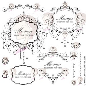 Marcos de araña Negro Retro Flourish Swirl Elegante chandelier Cadena de cristal Floral Wedding Scrapbook de alta resolución VECTOR Clipart 10358