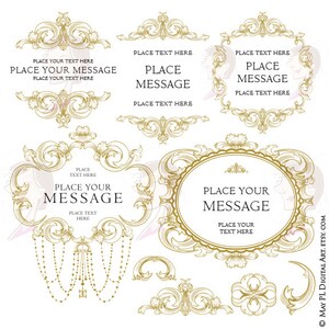 May include: A set of ten gold ornate frames and decorative elements. The frames are in various shapes and sizes, including oval, rectangular, and scroll-like. The frames are perfect for adding a touch of elegance to any project.