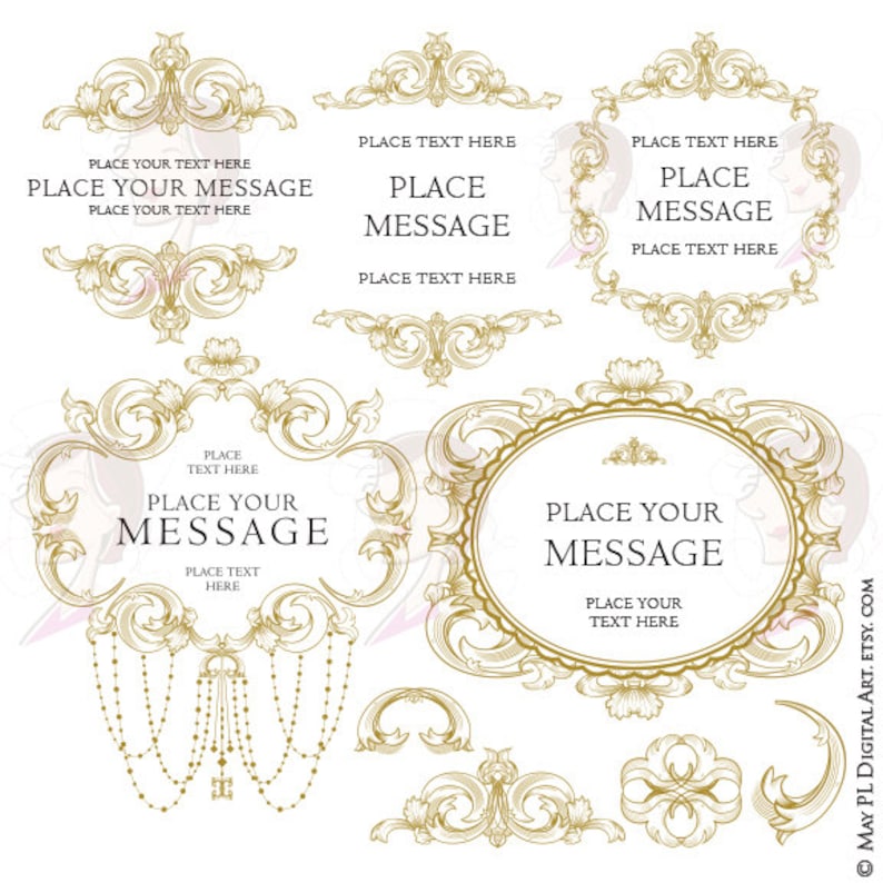 May include: A set of ten gold ornate frames and decorative elements. The frames are in various shapes and sizes, including oval, rectangular, and scroll-like. The frames are perfect for adding a touch of elegance to any project.