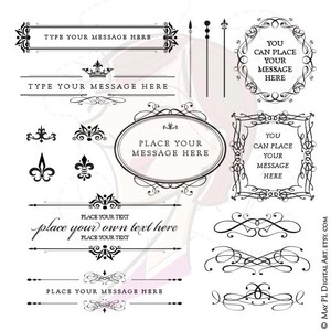 Clipart de marco real con diseños de flor de lis vintage: bordes caligráficos con separadores de texto, marco ovalado ideal para negocios o bodas 10140