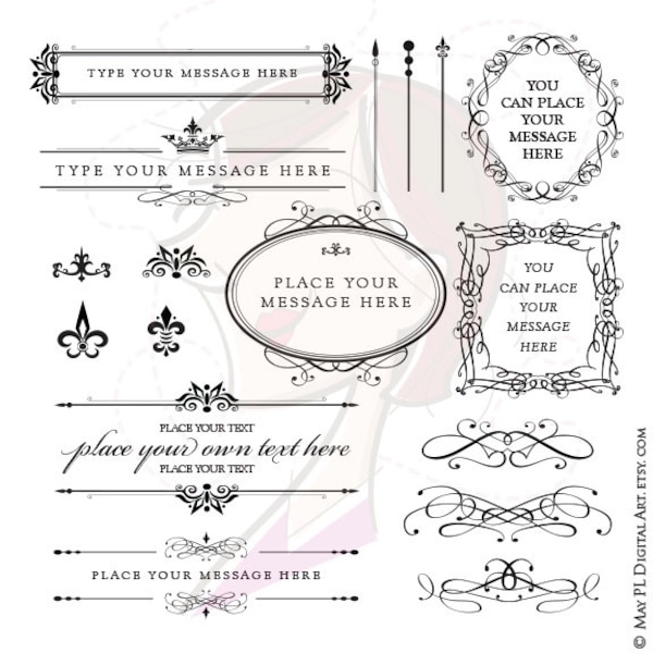 Vintage Fleur De Lis Designs Royal Frame Clipart - Calligraphy Borders include Text Dividers, Oval Frame great for Business or Wedding 10140