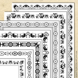 Art populaire scandinave Cadres frontières nordiques Clipart - 8x11 Document Page Décoration Set De 7, Animaux Noirs Fleurs Dessins Imprimables 10880