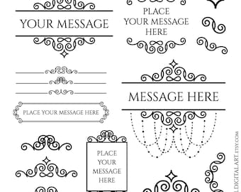 Floral Line Art Monograms Digital Vintage Frames Clip Art - Black Antique Design Elements Transparent Png, Wedding Invitation Graphics 10919