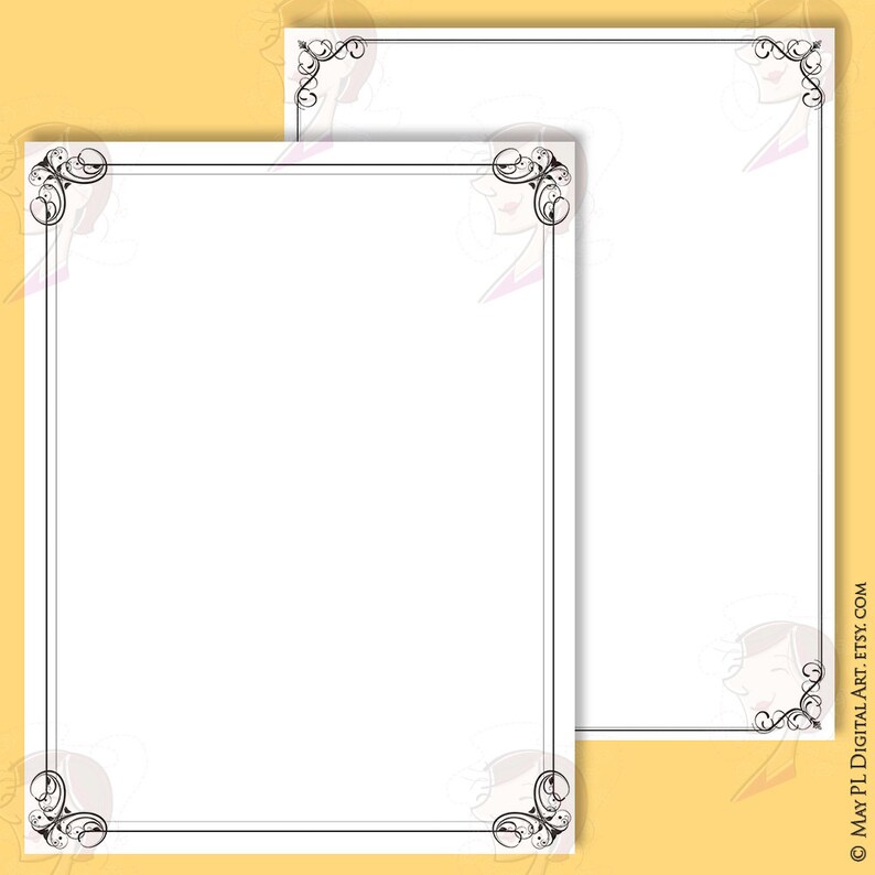 May include: Two printable pages with a black and white decorative border. The border features a floral design with swirls and curls.