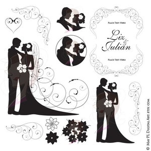 Clipart de noivo de noiva - silhueta de casamento ilustração de noiva e noivo florescer cantos de borda para convite DIY - uso comercial GRATUITO 10621
