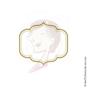 May include: A gold frame with a dotted border surrounds a cartoon illustration of a woman with red hair. The woman is smiling and looking to the right.