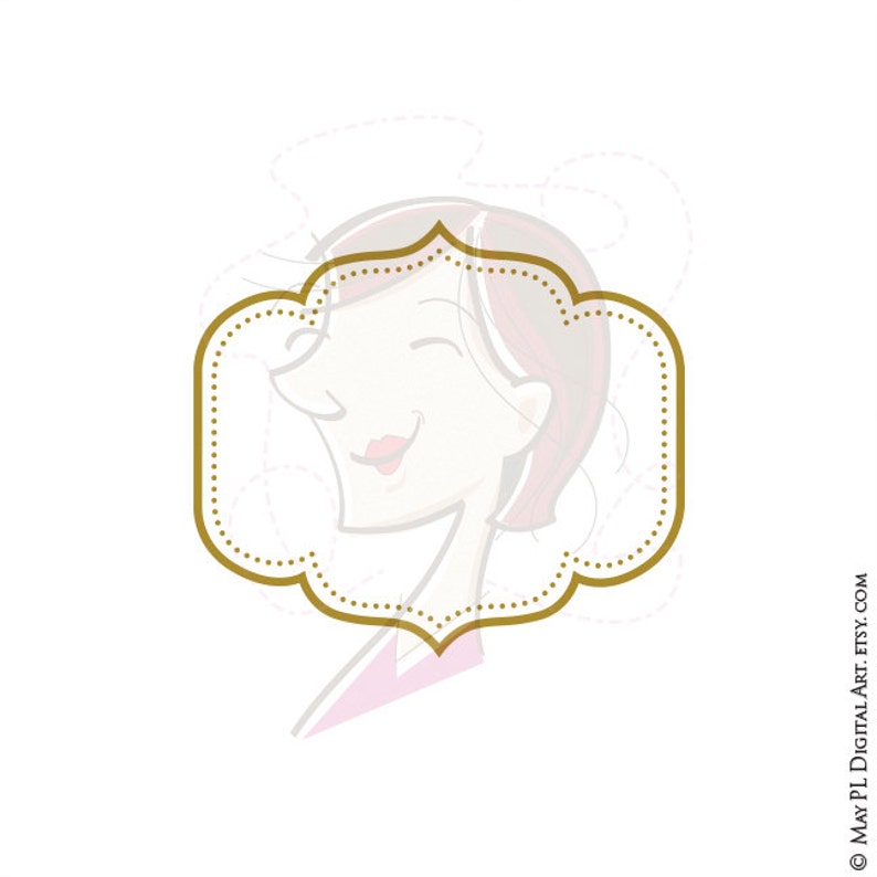 May include: A gold frame with a dotted border surrounds a cartoon illustration of a woman with red hair. The woman is smiling and looking to the right.
