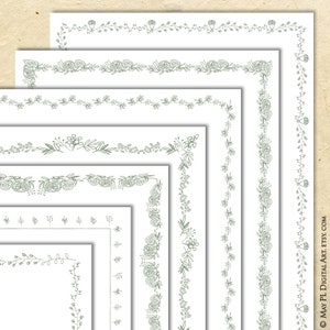 Imágenes prediseñadas digitales con bordes en verde salvia: flores silvestres, hojas, rosas y peonías, marcos para páginas de documentos de 8 x 11: uso comercial GRATUITO 10827