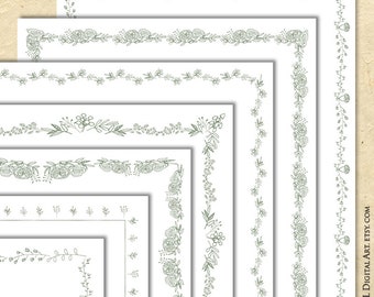 Sage Green Borders Digital Clipart - Wildflowers, Leaves, Roses and Peonies, 8x11 Document Page Border Frames - FREE Commercial Use 10827