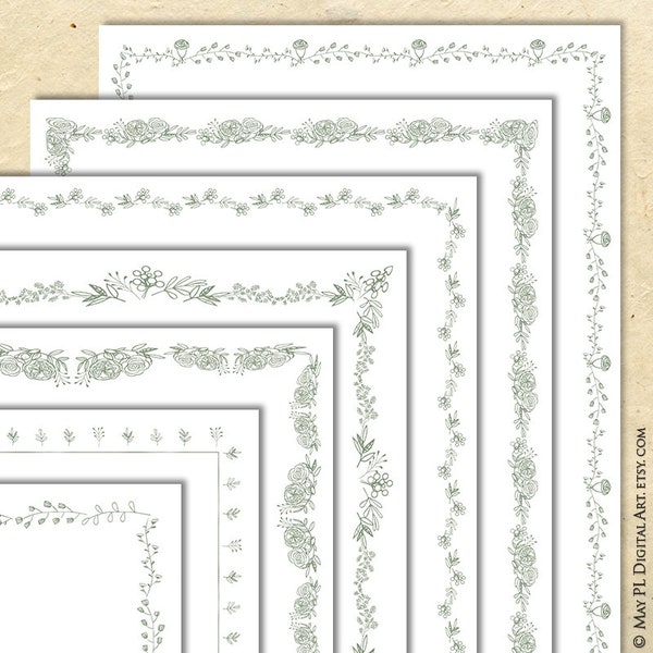 Sage Green Borders Digital Clipart - Wildflowers, Leaves, Roses and Peonies, 8x11 Document Page Border Frames - FREE Commercial Use 10827