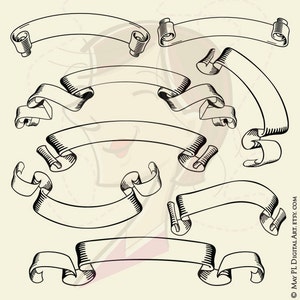Può includere: Un set di dieci banner a scorrimento in stile vintage in bianco e nero. I banner sono di varie forme e dimensioni, alcuni con bordi arricciati. I banner sono perfetti per aggiungere un tocco di fascino vintage a qualsiasi progetto.