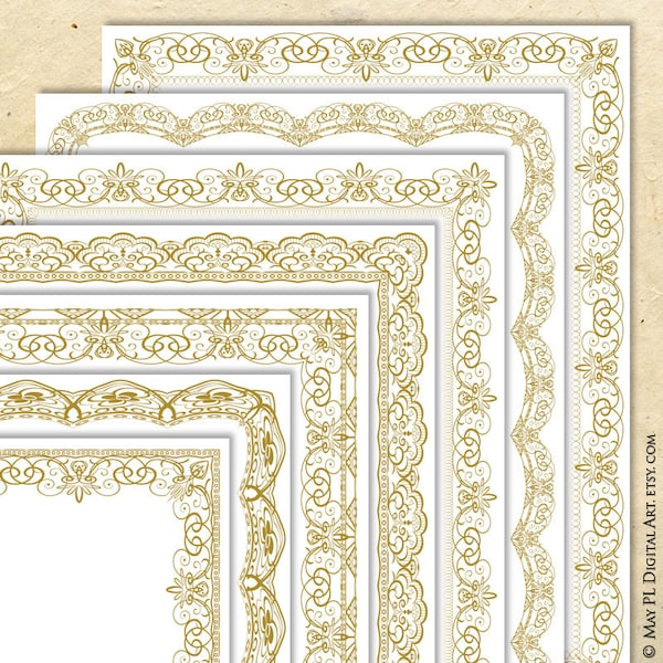 Award Borders Gold Frames Digital Clipart 8x11 Certificate - Vintage Antique Gold Page Borders Instant Download - FREE Commercial Use 10791