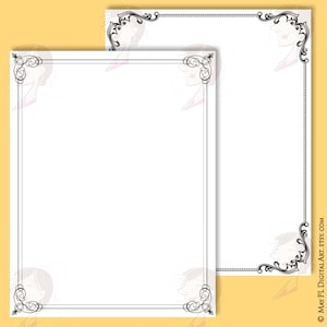 May include: Two printable black and white decorative frames with ornate floral designs. The frames are on a yellow background.