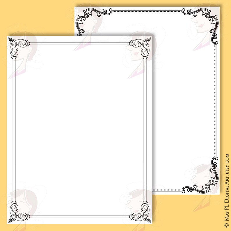 May include: Two printable black and white decorative frames with ornate floral designs. The frames are on a yellow background.