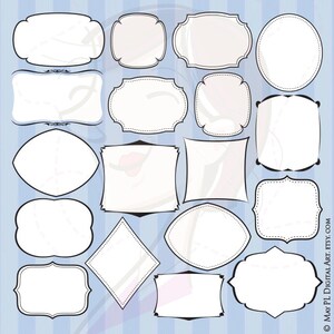 Puede incluir: Un conjunto de 16 contornos de marcos negros y blancos sobre un fondo azul claro con rayas blancas. Los marcos son de varias formas, incluyendo círculos, cuadrados, rectángulos, óvalos y diamantes.