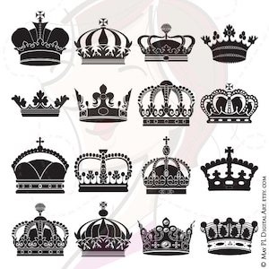 Puede incluir: Un conjunto de 14 siluetas de coronas en blanco y negro. Las coronas son de varios estilos, algunas con joyas, otras con cruces y otras con diseños florales.