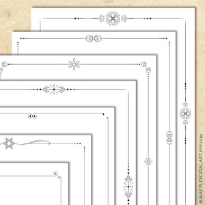 May include: A set of ten black and white printable decorative borders. The borders feature various geometric and floral designs.