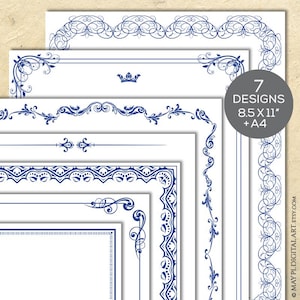 Clipart de bordas de página azul A4 e 8x11 - Molduras antigas para criar designs de certificado ou casamento 11154